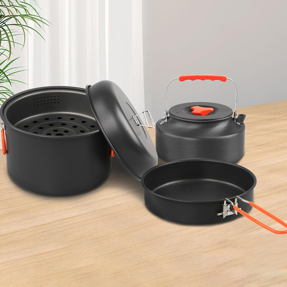 Camping Cookware Mess Kit Aluminum Alloy Pot Pan Steaming Tray Bowl Cup and Water Kettle with Pot Cover