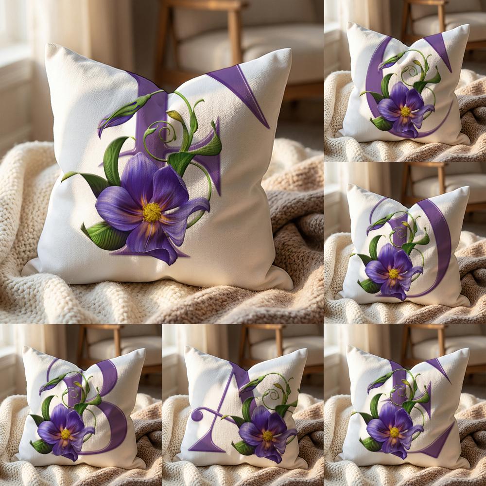 Simple Purple Flower Letters Cushion Cover Multi-Scene Pillow Cover for Home & Car - Reversible, Soft & Durable for Daily Use