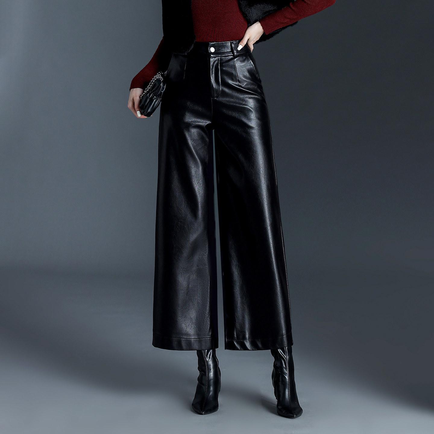 

Women s High-Waisted Wide-Leg Velvet-Lined Leather Pants - Autumn/Winter 2026 Fashion, Slimming Loose Fit, 9/10 Length. M 90-100 catties