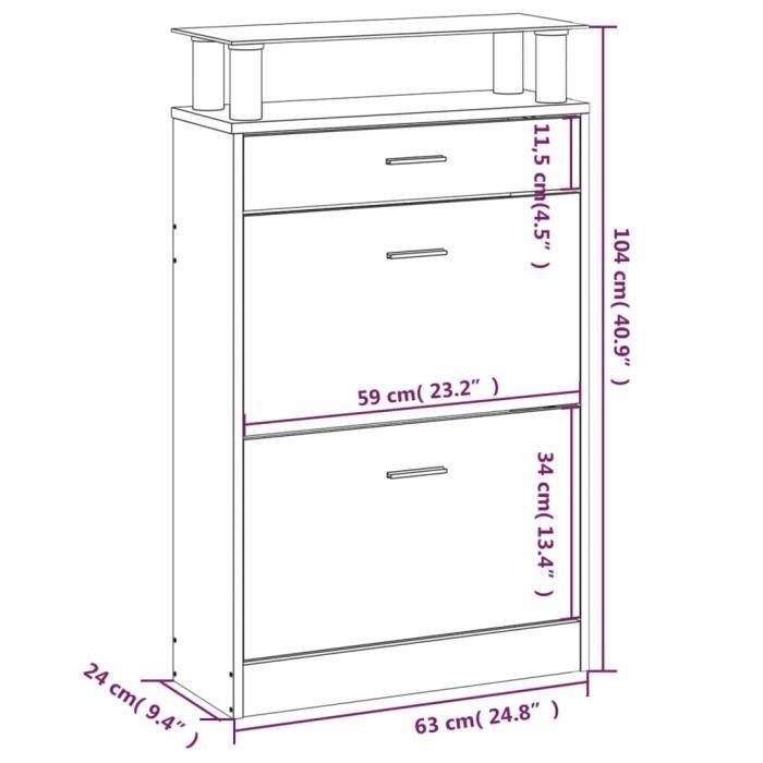 VidaXL Armoire à chaussures Chêne marron 63x24x104cm Bois d'ingénierie 342569