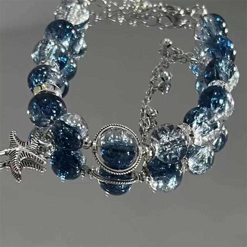 Niche Design Starfish Chain Tassel Bracelet for Women Fantasy Gradient Blue Crystal Beads Elastic Rope Bracelet Student Jewelry