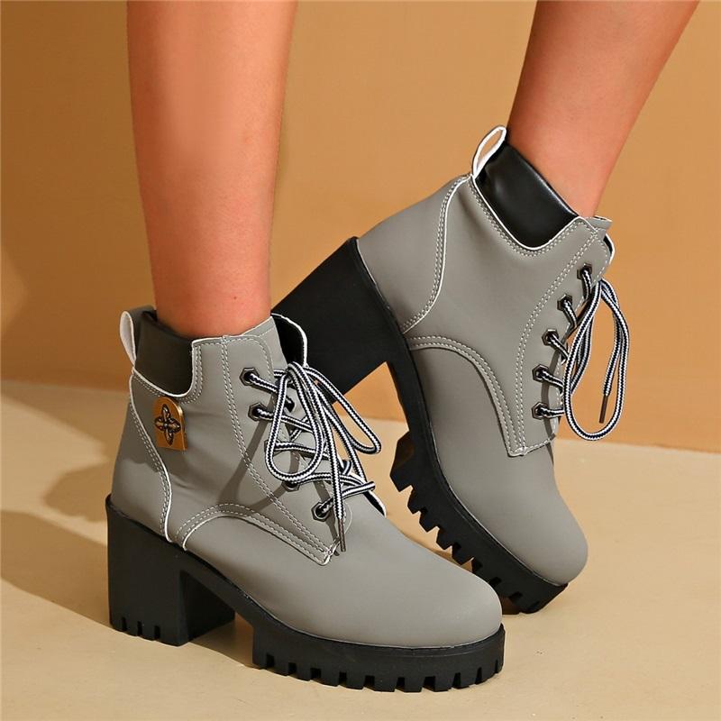 Women Lace Up Chunky Block Heel Ankle Boots Fashion Thick Sole Platform Short Martin Boots
