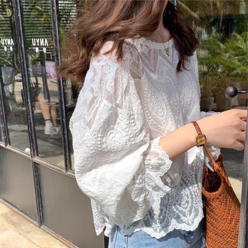 Lace Shirt Women s Summer 2026 New Popular Chiffon Loose Stylish Fashionable Blouse Long-Sleeved Top for Women Apricot S