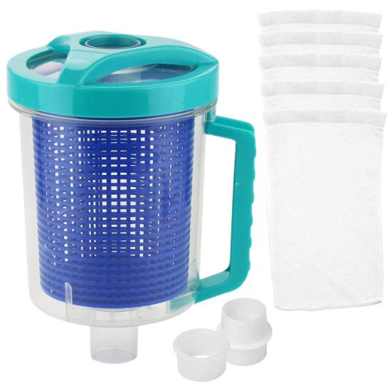 

Контейнер для листьев для пылесоса для бассейна Прозрачный бак Сборник листьев для бассейна с 5 скиммерными носками Высокоемкостная ловушка для листьев для бассейна Спа Ветки Мелкие частицы синий