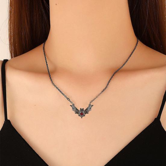 Gothic Bat Pendant Necklace Faux Ruby Hollow-out Bat Necklace Halloween Jewelry for Gothic Lovers Women Costume Party