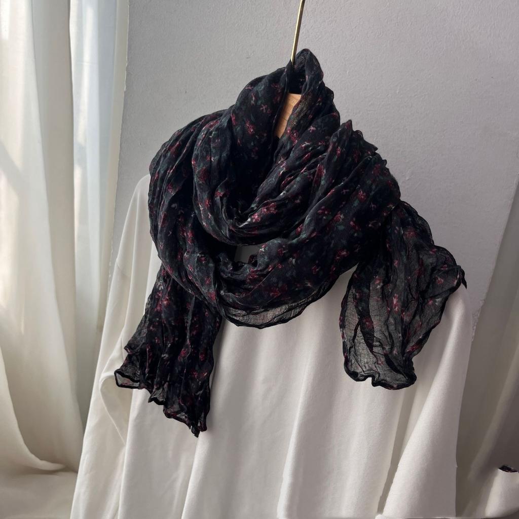 New Retro Literary Imitation Cotton And Linen Pleated Thin Versatile Shawl Small Floral Scarf Yarn Japanese Fashion Trend