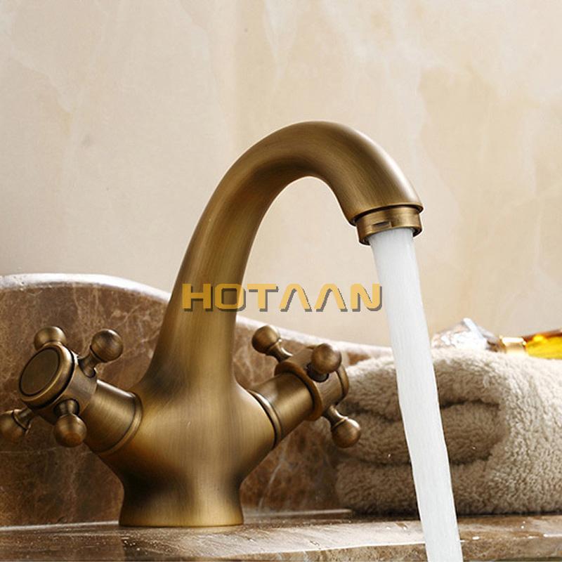 Antique Faucet Bathroom Basin Faucet Two Handles Washbasin Taps Solid Brass Deck Mounted Hot Cold Water Mixer Tap YT-5021
