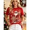 Women's Black Crew Neck Short-sleeved T-shirt, Cute Lamb Christmas Tree Colored Ball Gift Box, Snowflake Print Christmas Day Top