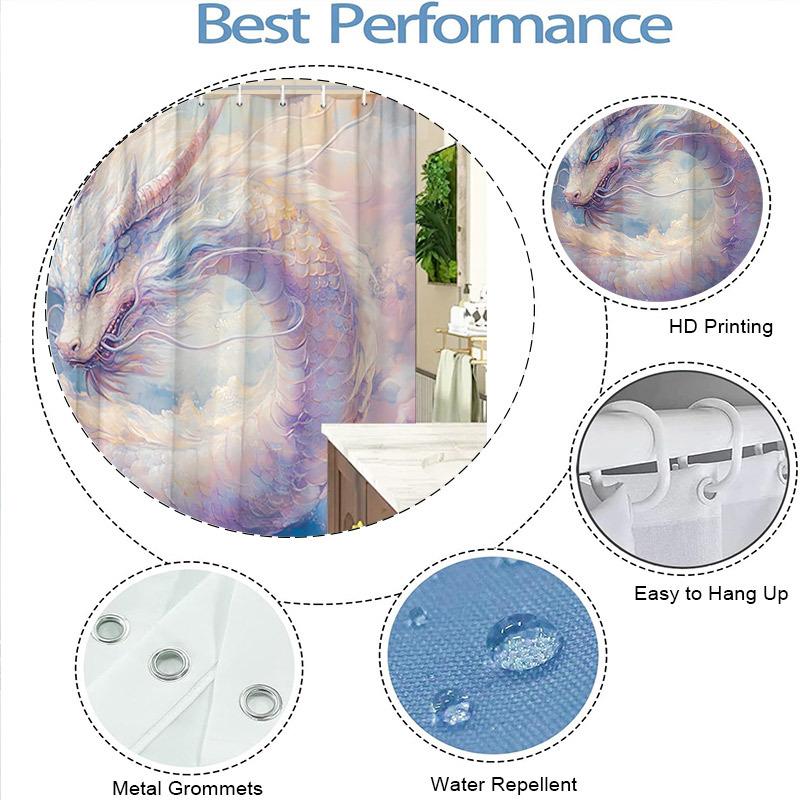 Lavender Dragon Shower Curtain - Fantasy Design, Flowing Scales & Mystical Sky, Polyester, 12 Hooks, 70.8X70.8 Inches, Washable