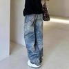 Damen Straight Leg Distressed Tintenklecks Denim-Hose High Street Slim Fit Weit Ausgestellte Hose