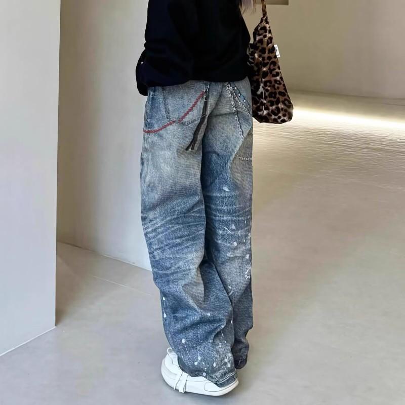 Damen Straight Leg Distressed Tintenklecks Denim-Hose High Street Slim Fit Weit Ausgestellte Hose