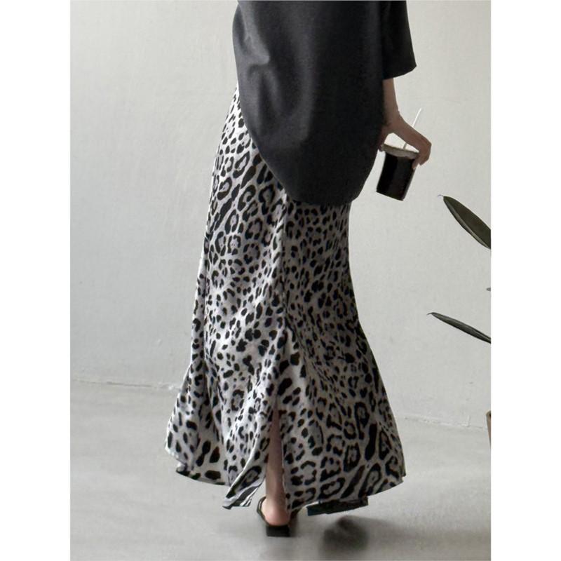 Johnature Summer Light Leopard Print Slit Skirts Women Summer Casual Loose Skirts