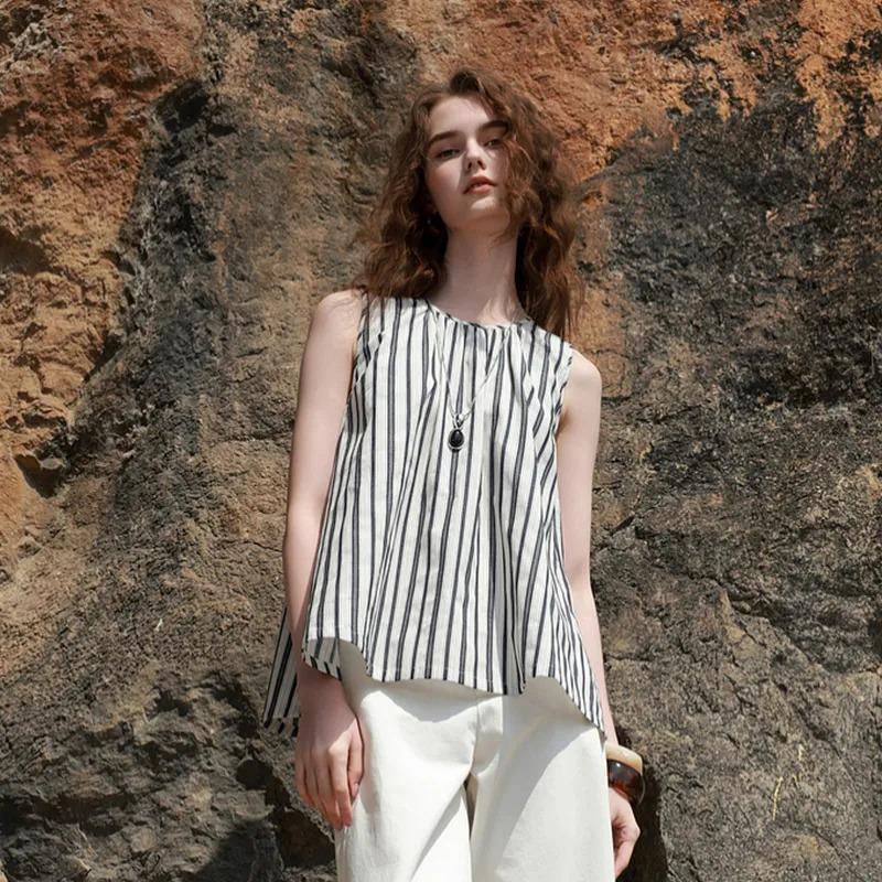Женский черно-белый полосатый топ без рукавов Свободный крой Повседневная майка-блузка S зелёный