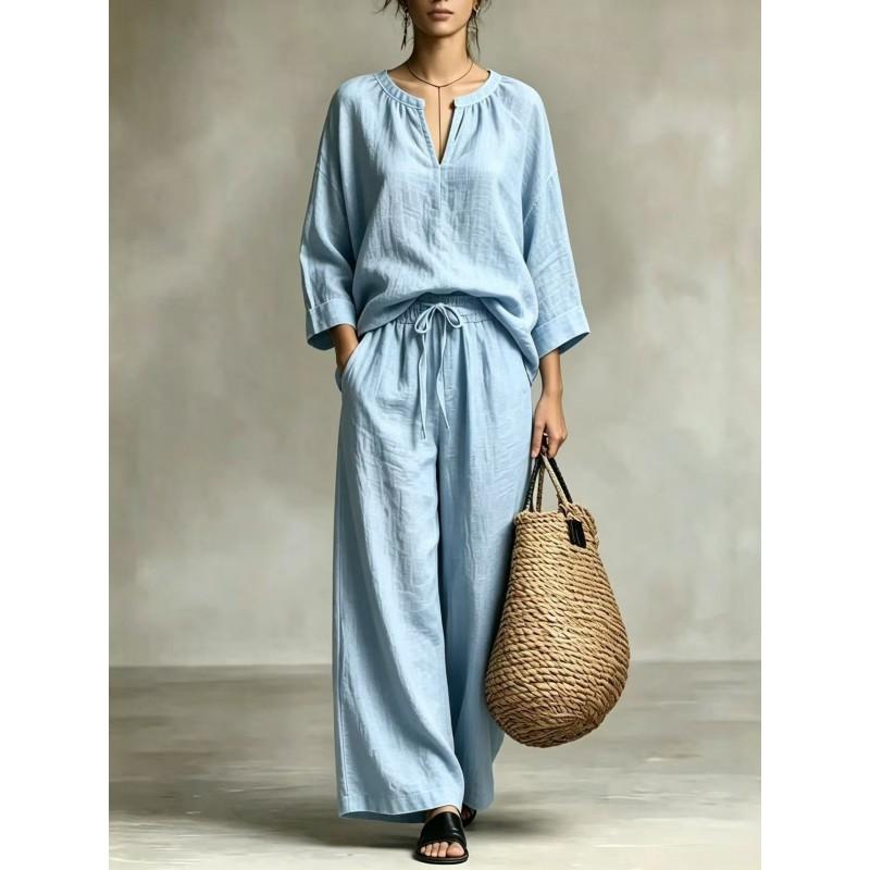 Womens Cotton Linen Set 2026 V-Neck 7/8 Sleeve Top With Drawstring Wide Leg Pants Casual Outfit