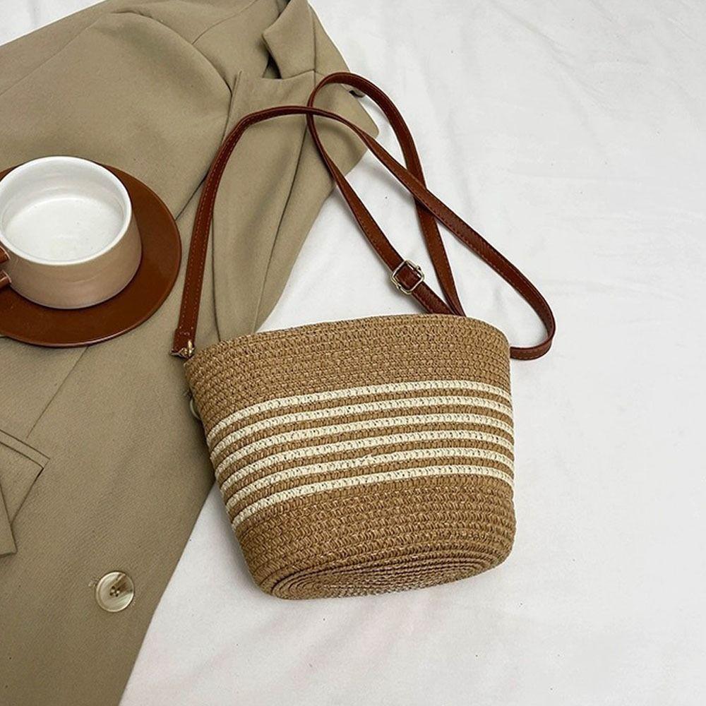 Summer Straw Tote Bags Casual Vacation Beach Crossbody Bag Large Capacity Handmade Women's Bucket Bag