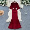 Sommer Damer Elegant V-hals Enkeltspent Strikket Futteral Genser Lang Maxi Fishtail Kjoler