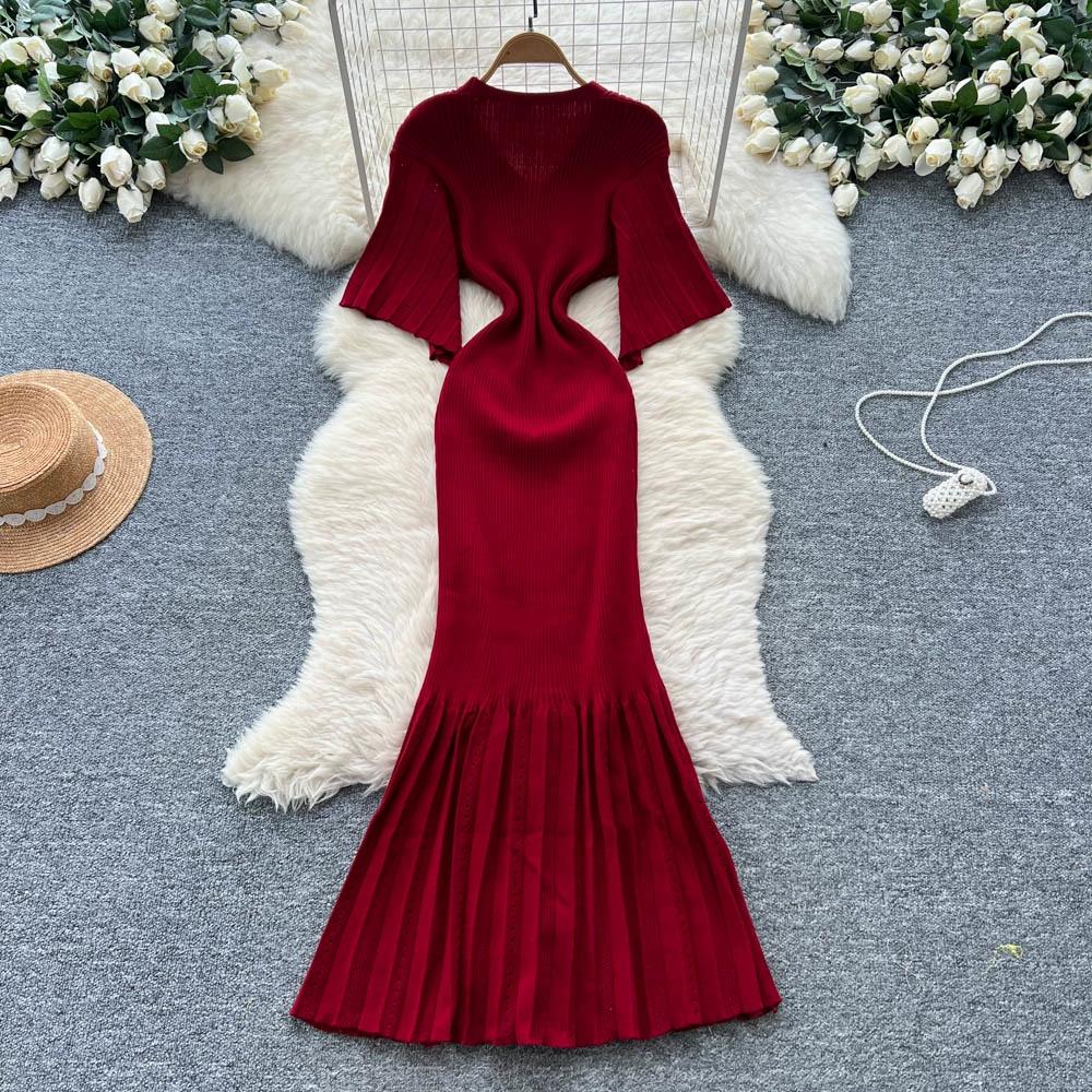 Sommer Damer Elegant V-hals Enkeltspent Strikket Futteral Genser Lang Maxi Fishtail Kjoler