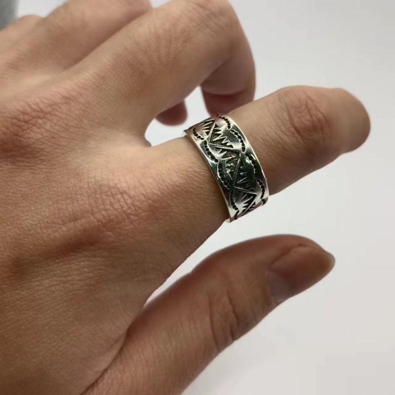 Handcrafted Navajo Style Sterling Adjustable Ring Men Women Geometric Tribal Design Vintage Statement Finger