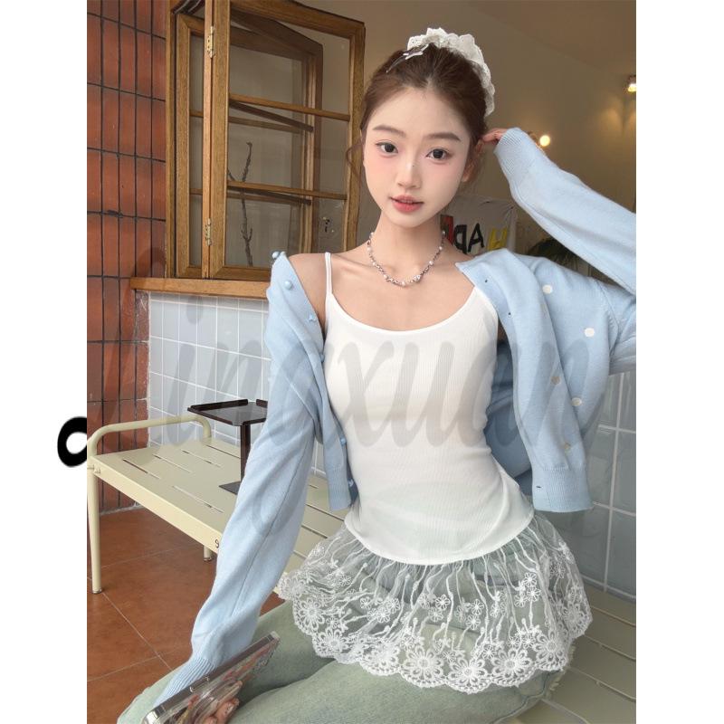 Summer Korean Color-Block Lace Trim Ballet Style Sweet Camisole Top