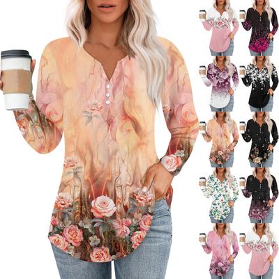 Women's T Shirt Tee Button  Print Long Sleeve Daily Weekend Fashion Basic V-Neck Top