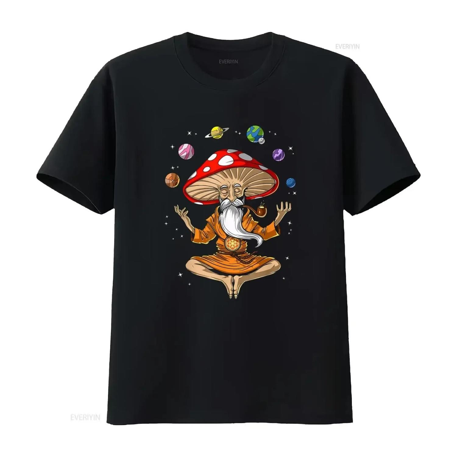 Mushroom Buddha Zen Yoga Meditation Psychedelic Hippie Fungi T Shirt vintage Washed fashion Slightly graphic Unisex S чёрный