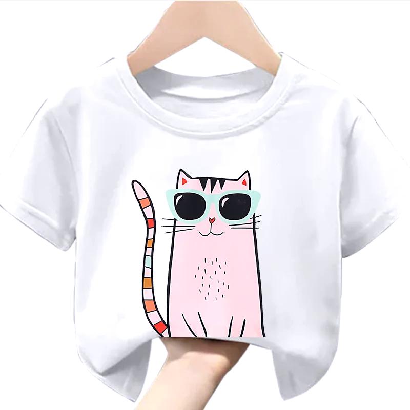 2026 New Cat Print Girls Short Sleeve TShirt Childrens Round Neck Summer Top Kids Fashion Casual Wear Kitten Printed Clothes