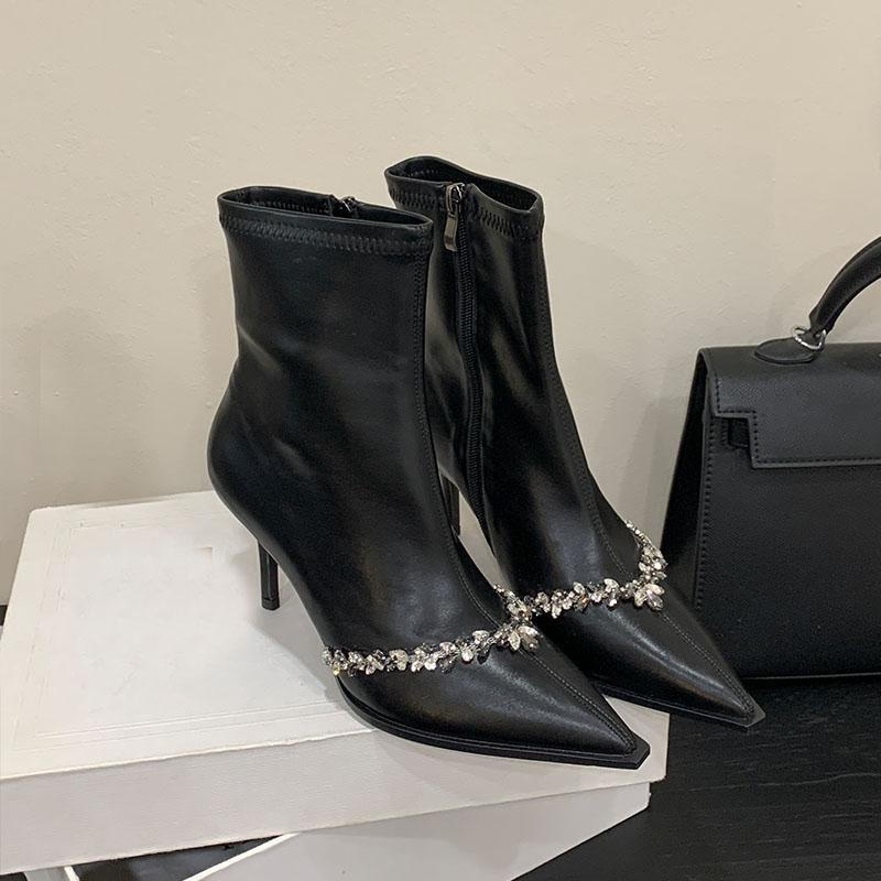 Fashion Fashion Rhinestones Women Ankle Modern Boots Thin Heels Shoes Pointed Toe Ladies Short Boots Zippers Shoes Female Pumps lady