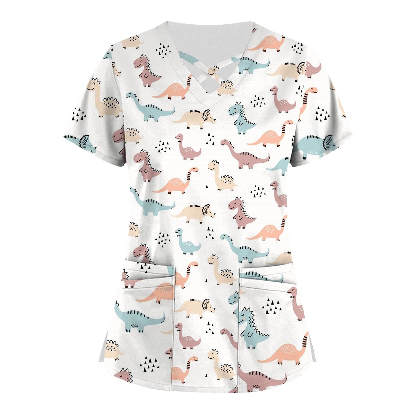 

Плюс размер, милая рабочая форма с принтом, топы для женщин, забавные футболки с перекрестным v-образным вырезом и короткими рукавами, рабочая одежда, футболка с карманами M белый