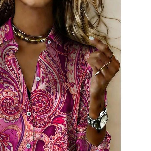 Women's Casual Long-sleeved Button-down Shirt with Bohemian-style Print, Suitable for Weekend Wear