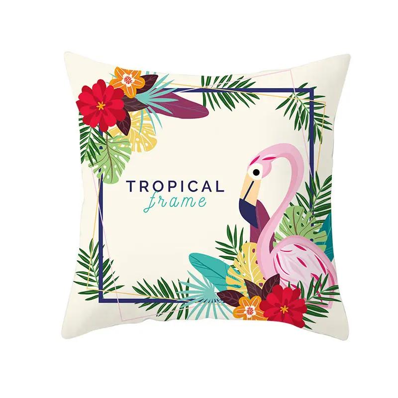 Housse de Coussin Décorative Flamant Rose Plantes Tropicales d'Été Feuilles Vertes Housse de Coussin à Jeter Housse de Coussin Flamant Rose
