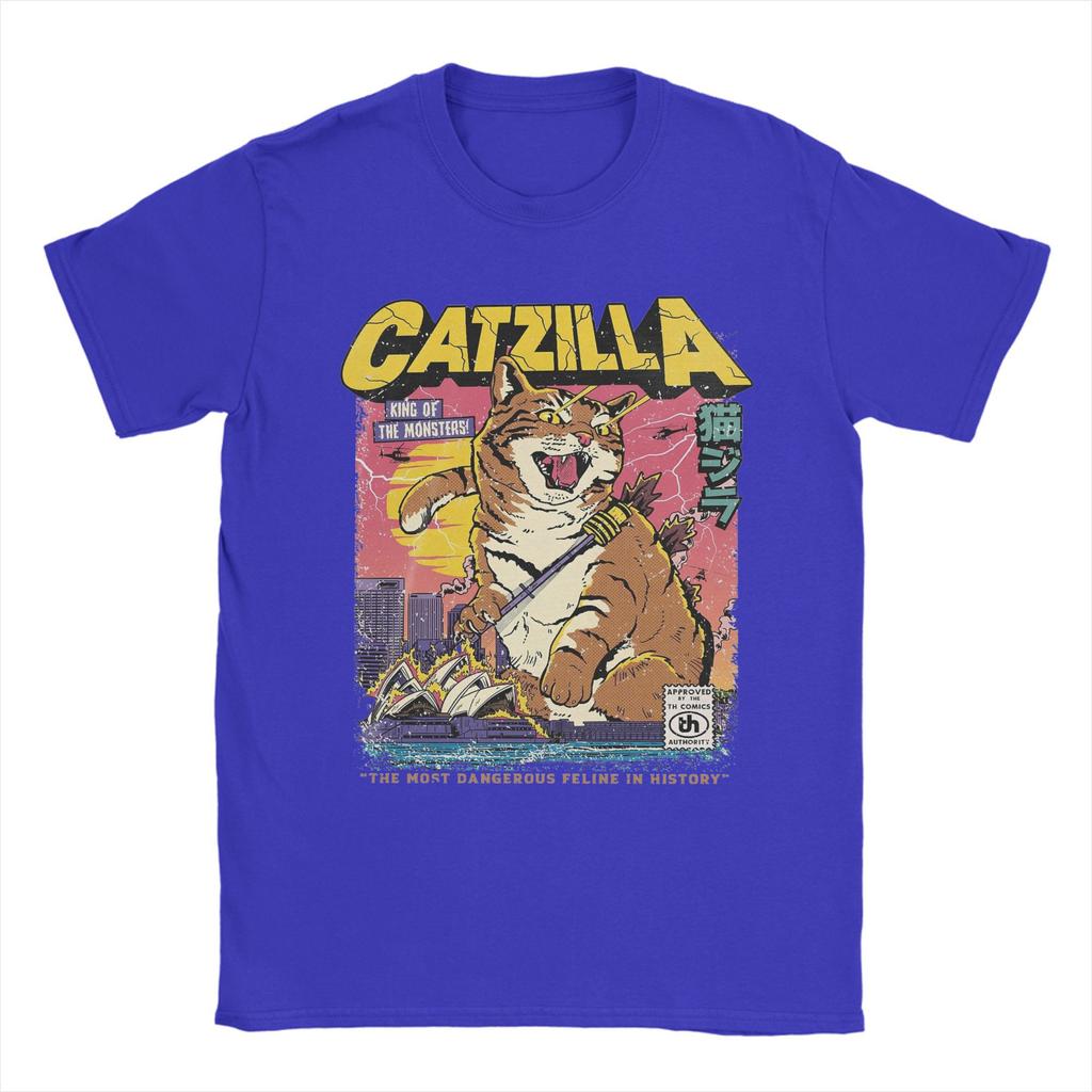 Catzilla Men's T Shirts  Novelty Tee Shirt Short Sleeve Crewneck T-Shirt Pure Cotton Birthday Gift Clothes