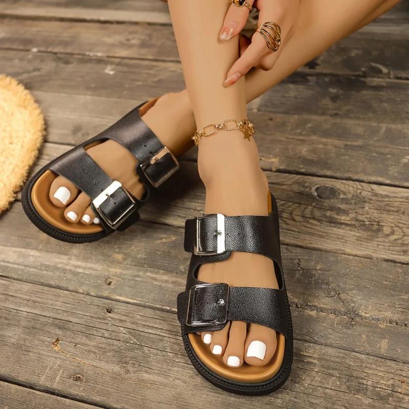 Fashion Ladies Shoes 2025 Brand Open Toe Women's Slippers Fashion Belt Buckle Casual Plus Size New Best Seller Comfortable Flat Slippers