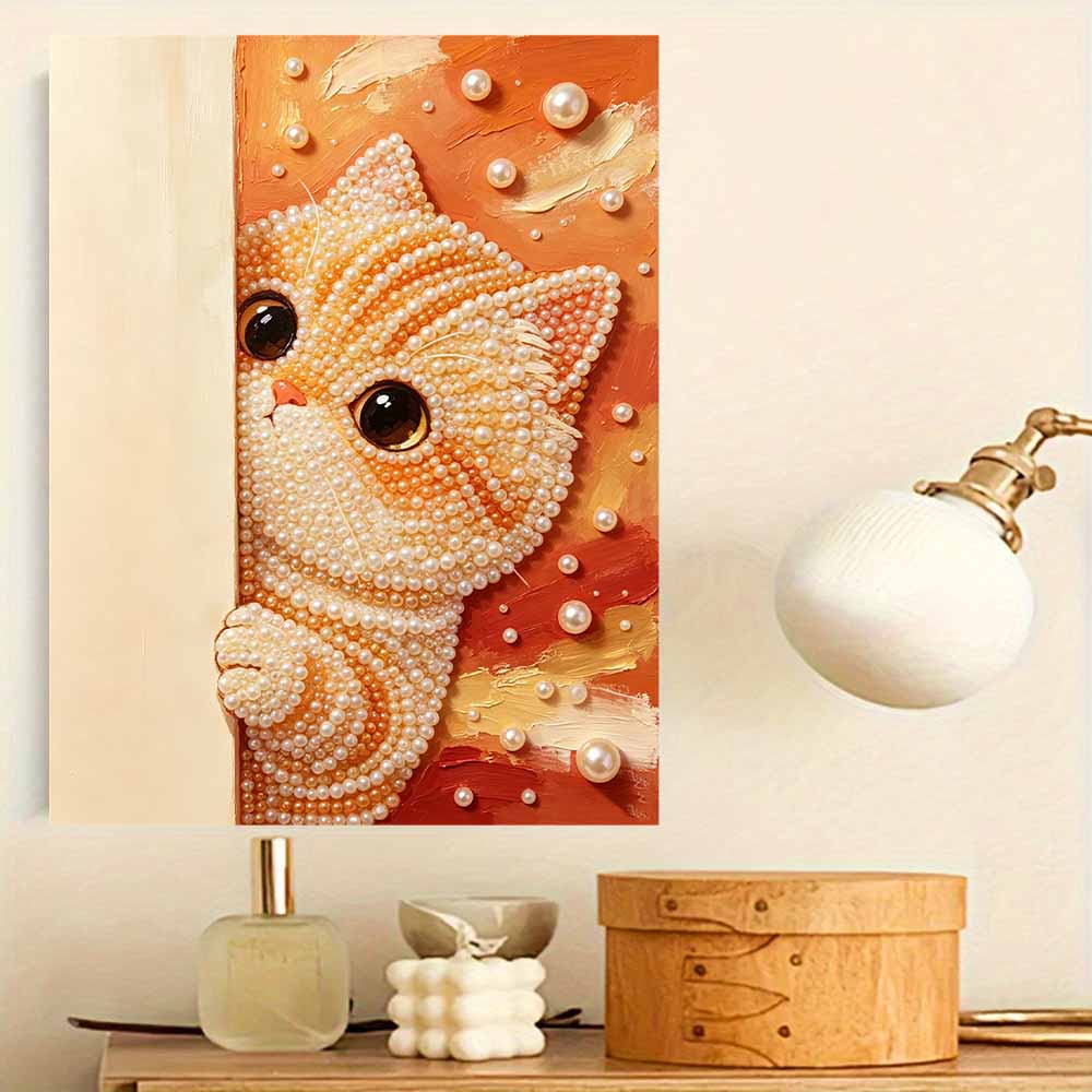 Creative DIY Framed Pearl Art Kit with Cute Orange Cat Pattern Sparkling Bead Canvas Ready to Display Relaxing Gift for Adults Home Decor