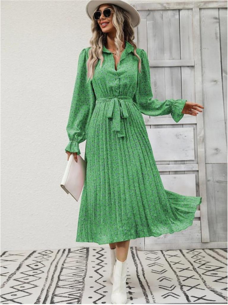 Turndown Collar Printed Pleated Dress Straps Dazzling Length Dress Elegant Long Sleeve Dresses Causal Women Dress