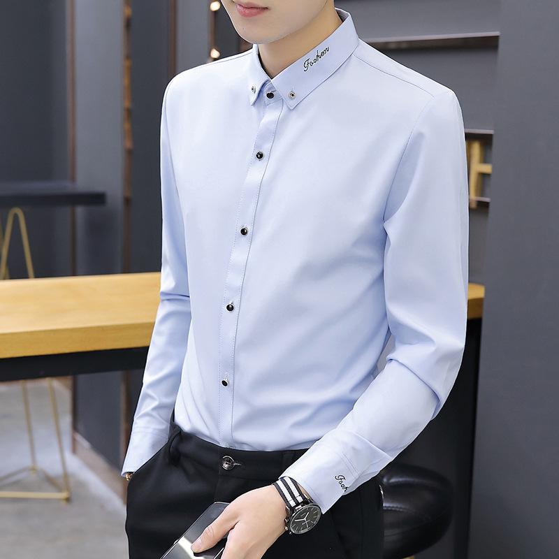 Herren Kleinkragen Langarmhemd Minimale Stickerei Schmal Geschnitten Uni Business Casual Hemd