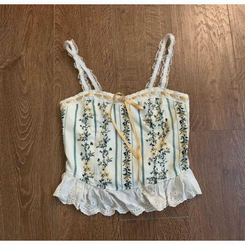 

Export Thir * Oil Painting French Style Wrapped Chest Strap Lace Vintage Floral Vest C950