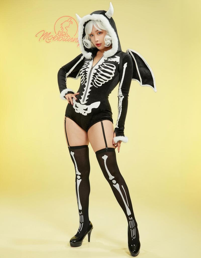 Mobbunny Gotik Güzellik Kurukafa İskelet Sevimli Kıyafet Siyah Kadın Kostümü, Cosplay, Anime, Oyun, Ev Giyim, Pijama, Body, Leotard, Kapüşonlu, Baskılı,