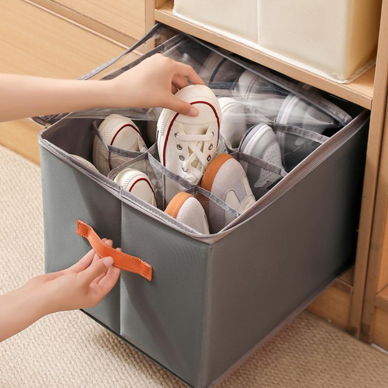 Multifunctional Grid Storage Shoe Box Cross-Border Foldable Fabric With Cover Dustproof And Washable Sundries Storage Box