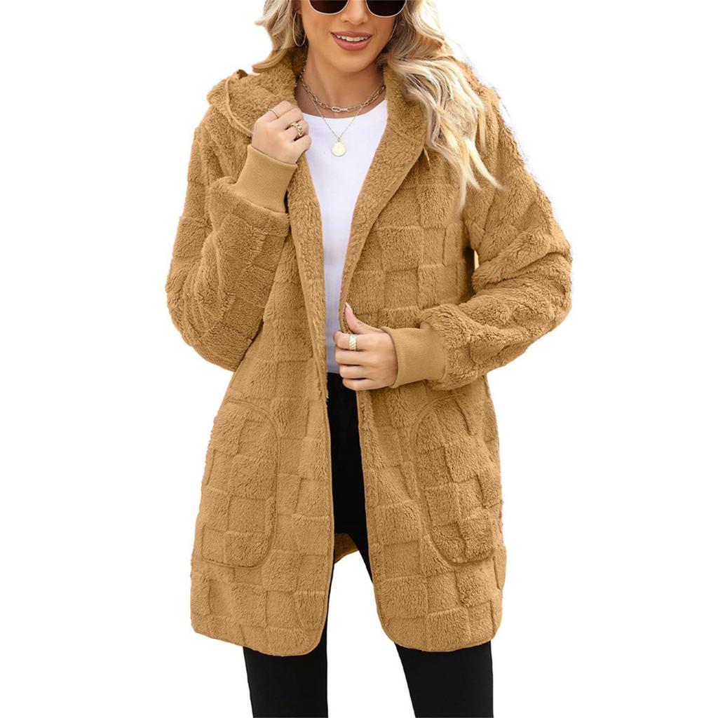 Women's Fashionable Solid Color Long Sleeved Plush Jacket, Casual Hooded Warm Cardigan Jacket With Pockets