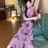 Summer large size new Chinese cheongsam printed dress, national style temperament design sense, niche and thin purple long skirt