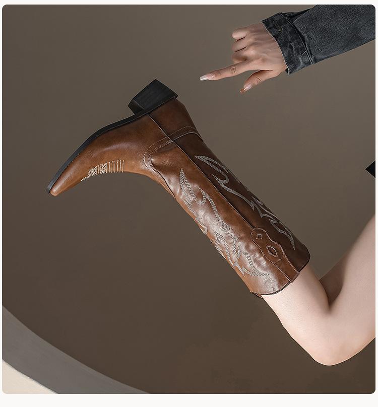Cowhide Version~ Retro Embroidered Thread Leather Western Cowboy Boots Women's Autumn Pointed Thick Heel Sleeve Versatile Knight Boots Women