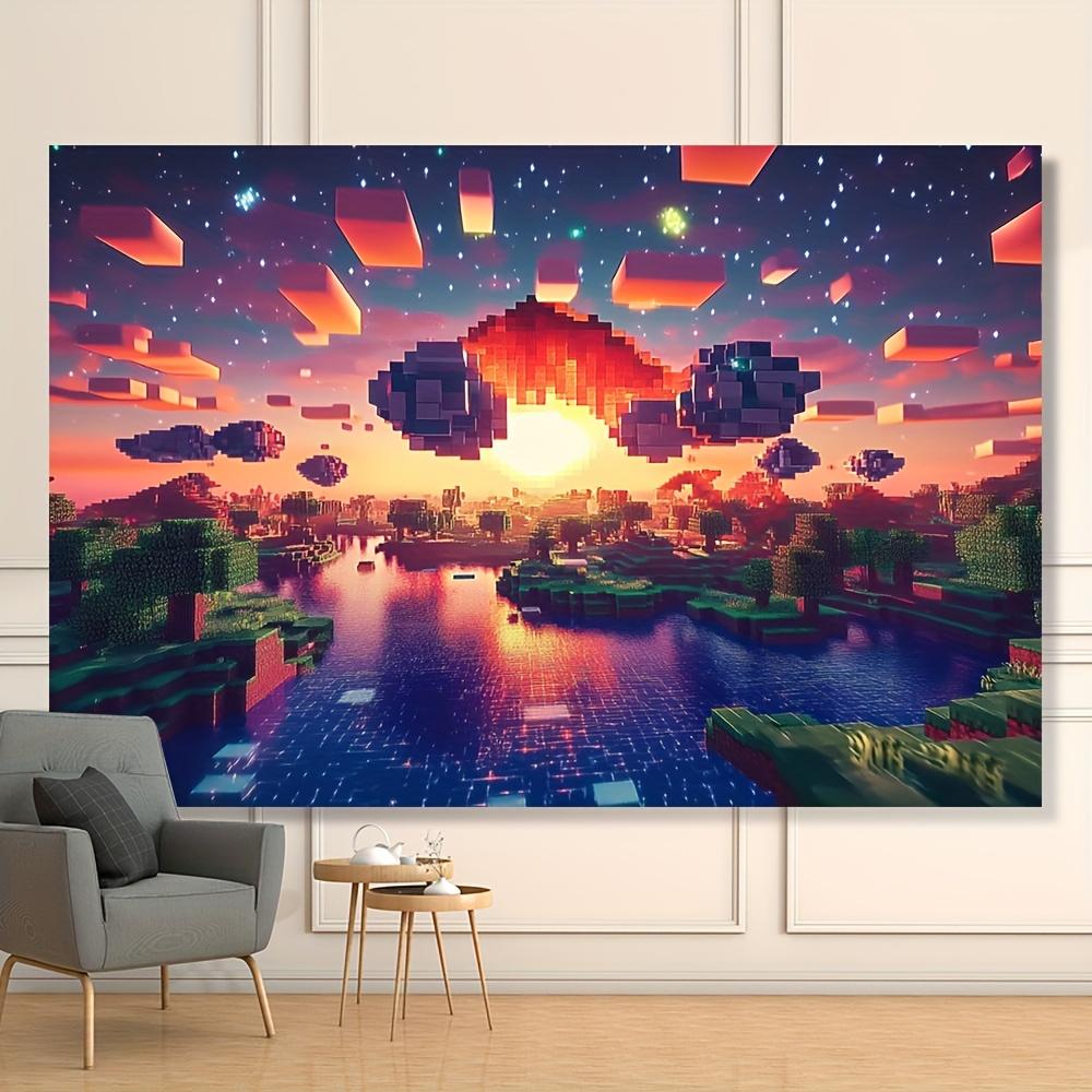 1pc Block World Sunrise Tapestry Vibrant Pixelated Landscape Fabric Backdrop for Home Decor No Electricity Needed Perfect fo