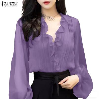 Women Ruffles V-Neck Loose Casual Long Sleeve Blouse