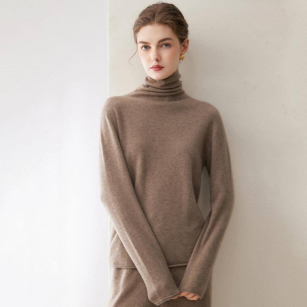 Women's Pure Cashmere High Neck Sweater with Rolled Hem