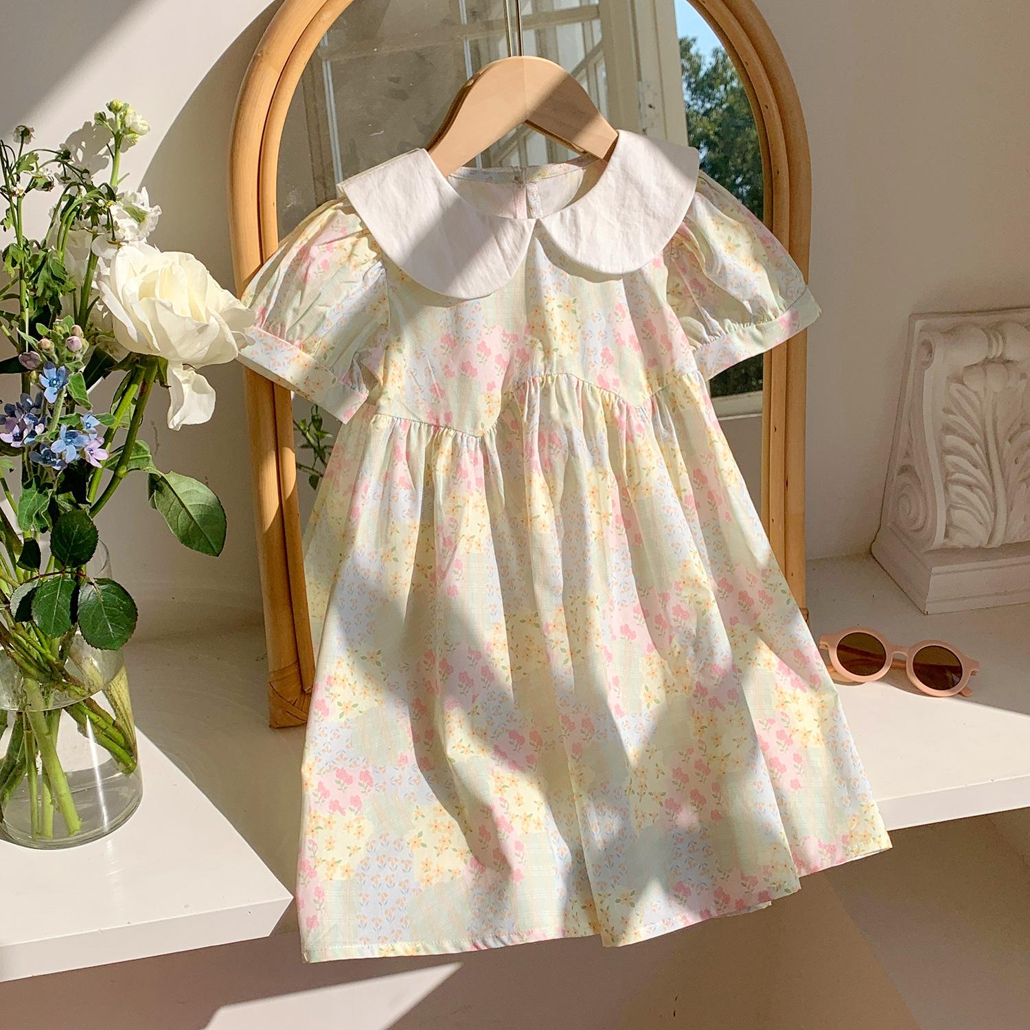 Girls Floral Dress Short Sleeve Peter Pan Collar Summer Asymmetrical Hem Casual Party Dress For Toddler And Little Kids 100cm