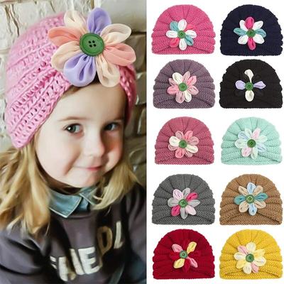 Buttons Flower Knitted Baby Hat for Boys Girls Autumn Winter Warm Thicke Soft Beanie Cap Cute Wool Newborn Toddler Bonnet
