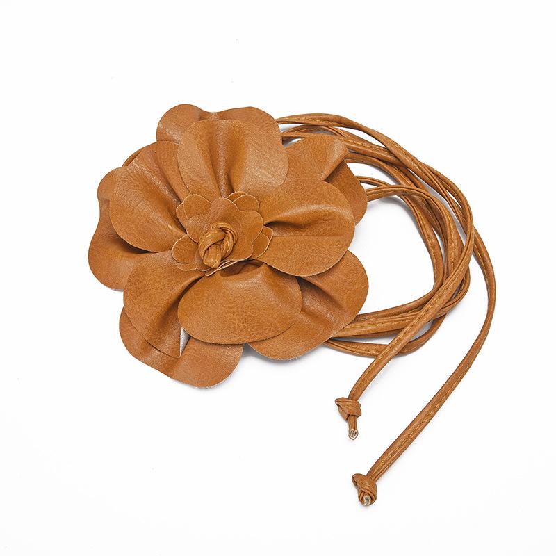 Bohemian Style PU Leather Floral Waist Tie Belt with Bow