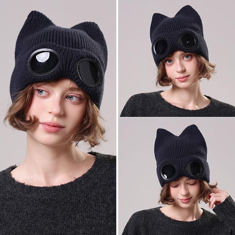 Winter Knitted Hat Women's Outdoor Thick Ear Protection Warm Hat Cartoon Glasses Wool Cap