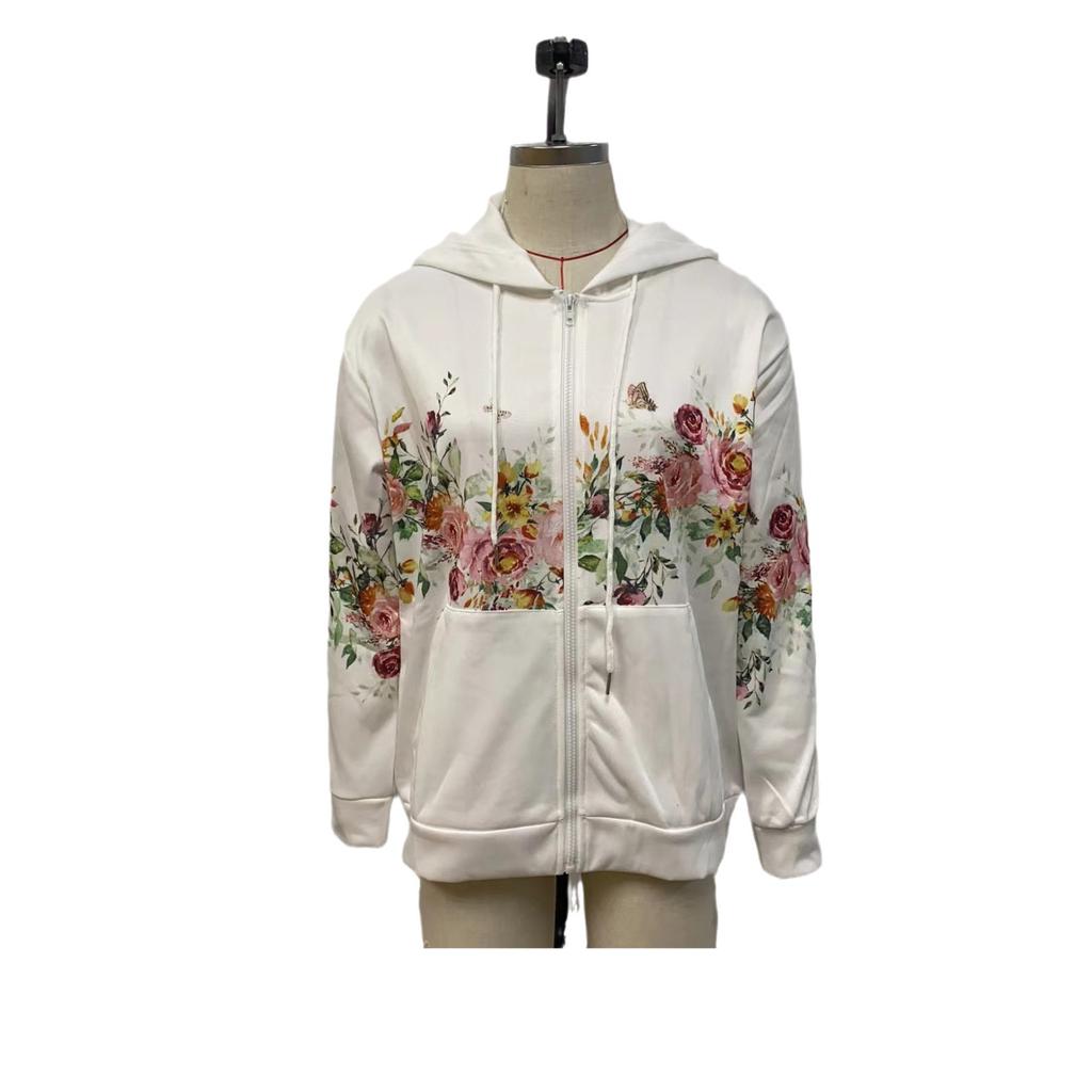 Felpa con cappuccio da donna autunnale Giacca con cerniera Giacca da donna stampata a maniche lunghe allentata casual alla moda