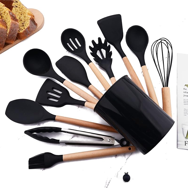 1pcs Black Silicone Balloon Whisk,Heat Resistant Non Scratch Coated Kitchen Whisk with Wooden Handle for Blending Whisking Beating Stirring Cooking